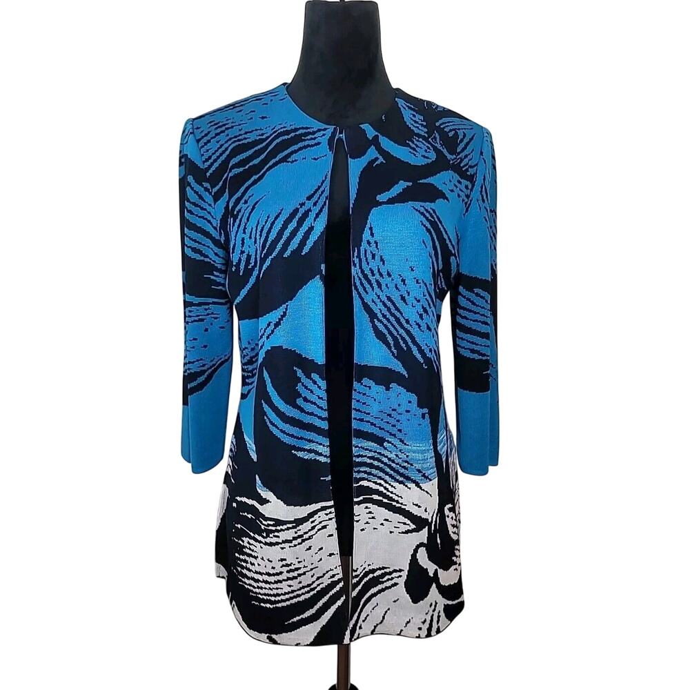Ming Wang Dopamine Teal Blue Black Floral Long Sleeve Cardigan Knit Sweater S